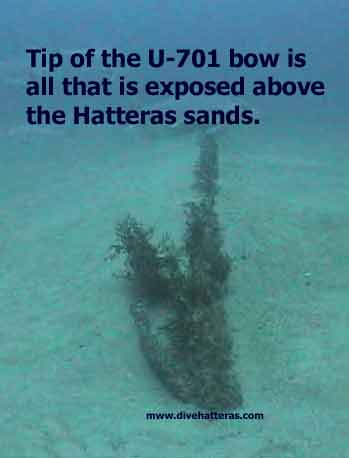 Tip of the U-701 bow pokes from the Hatteras sands. DiveHatteras photo, no use without permisson.