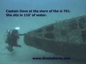 Captain Dave at the U-701 stern.  DiveHatteras Photo, no use without persmission. 