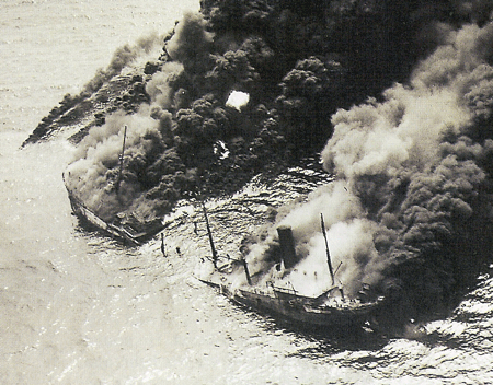 Dixie Arrow burns after the attack.  Photo from Outer Banks History Center