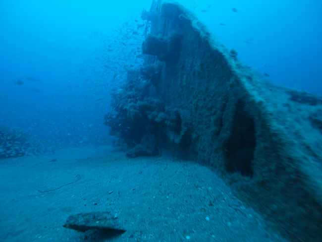 Photo of the Bow of the Manuela taken from the very tip of the bow looking back to the anchor winches.  Photo by Marc Corbett October, 2013