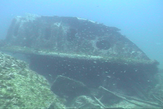 Stern section of the British Splendour is cracked open and split apart.  Dive Hatteras photo taken 2011.