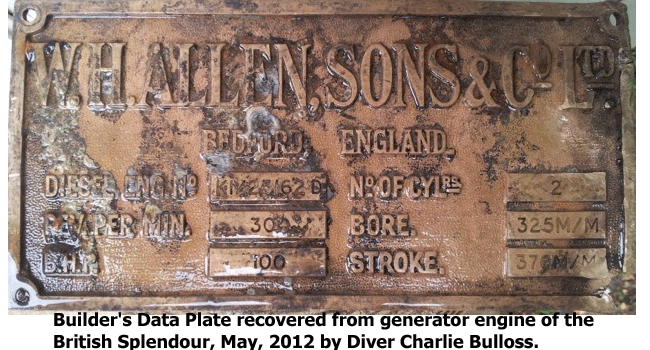 Generator Engine data plate recovered by Diver Charlie Bulloss, May, 2012 